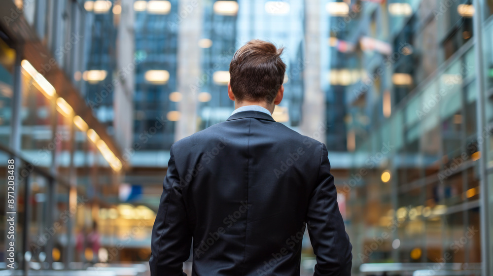 Back of a businessman in a suit against the background of tall glass buildings in the city center with space for text or inscriptions. Business background
Back of a businessman in a suit against the background of tall glass buildings in the city center with space for text or inscriptions. Business background