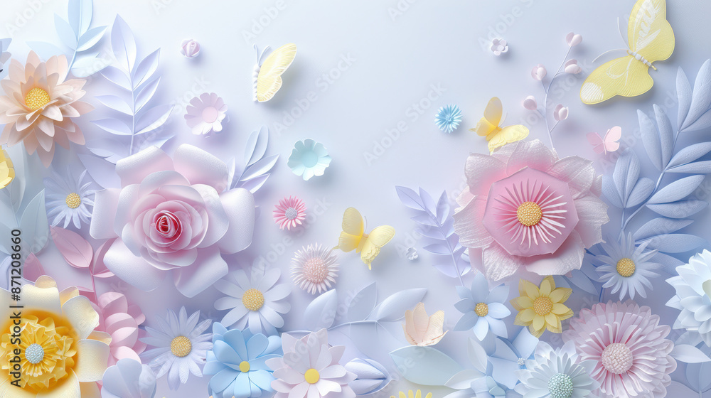 A paper art scene with blooming pastel flowers, including roses, daisies, and lilies, in soft pinks, yellows, blues, and purples A paper art scene with blooming pastel flowers, including roses, daisies, and lilies, in soft pinks, yellows, blues, and purples