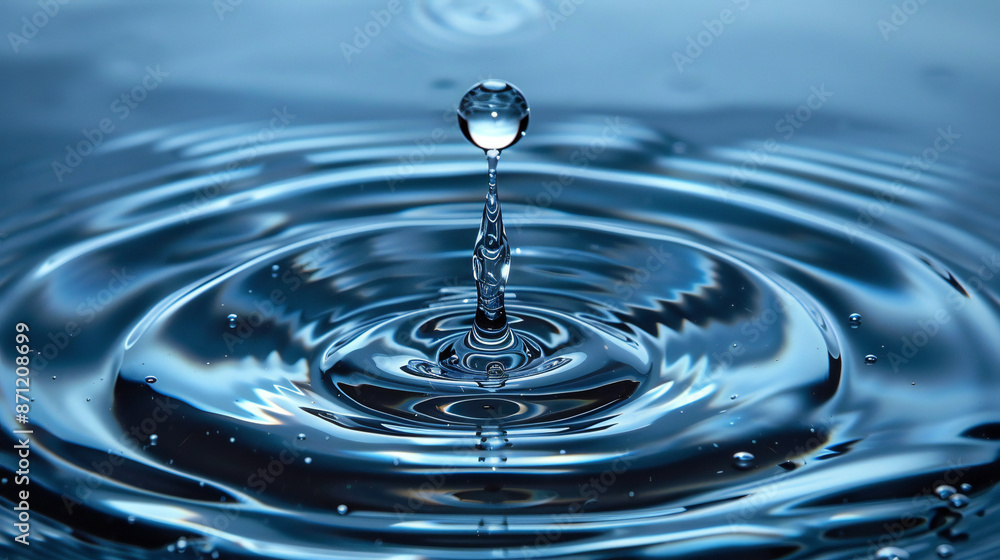A drop of water falls from the sky, forming ripples on a blue background. The focus is on one small droplet with clear details and reflections in it. A drop of water falls from the sky, forming ripples on a blue background. The focus is on one small droplet with clear details and reflections in it.
