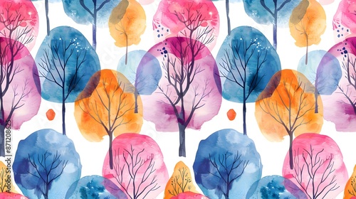 watercolor colorful plamtrees pattern background
 photo