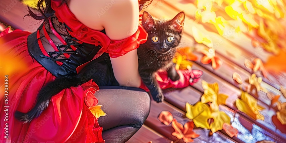 Fototapeta premium Young woman witch with her black cat