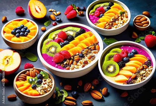 Wallpaper Mural colorful smoothie bowls topped fresh fruits nuts healthy breakfast, vibrant, delicious, spoon, nutritious, blend, yogurt, granola, tasty, food, snack, natural, Torontodigital.ca