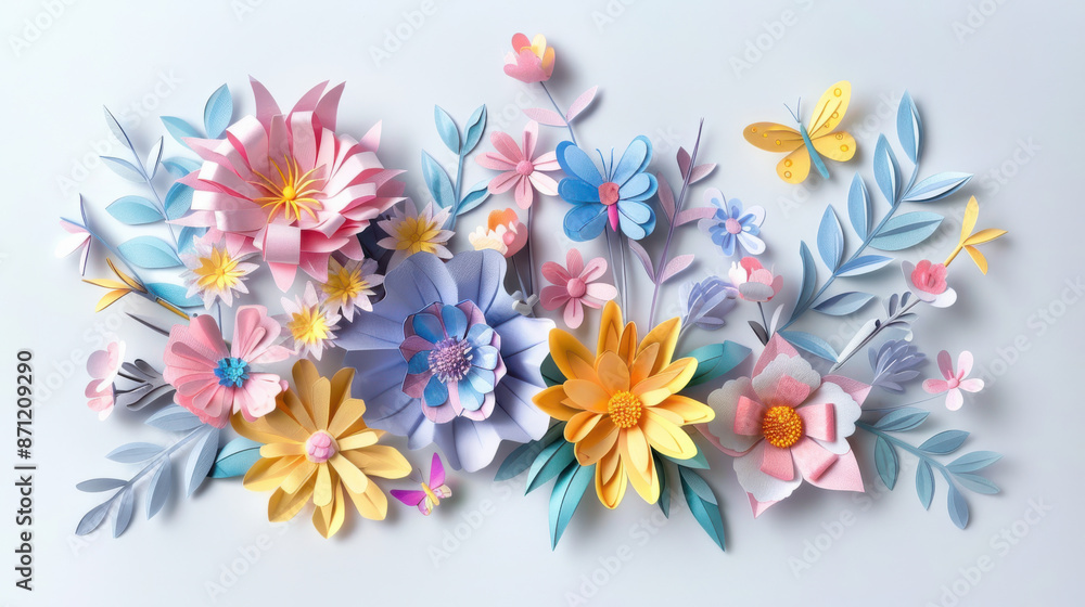 A paper art scene with blooming pastel flowers, including roses, daisies, and lilies, in soft pinks, yellows, blues, and purples A paper art scene with blooming pastel flowers, including roses, daisies, and lilies, in soft pinks, yellows, blues, and purples