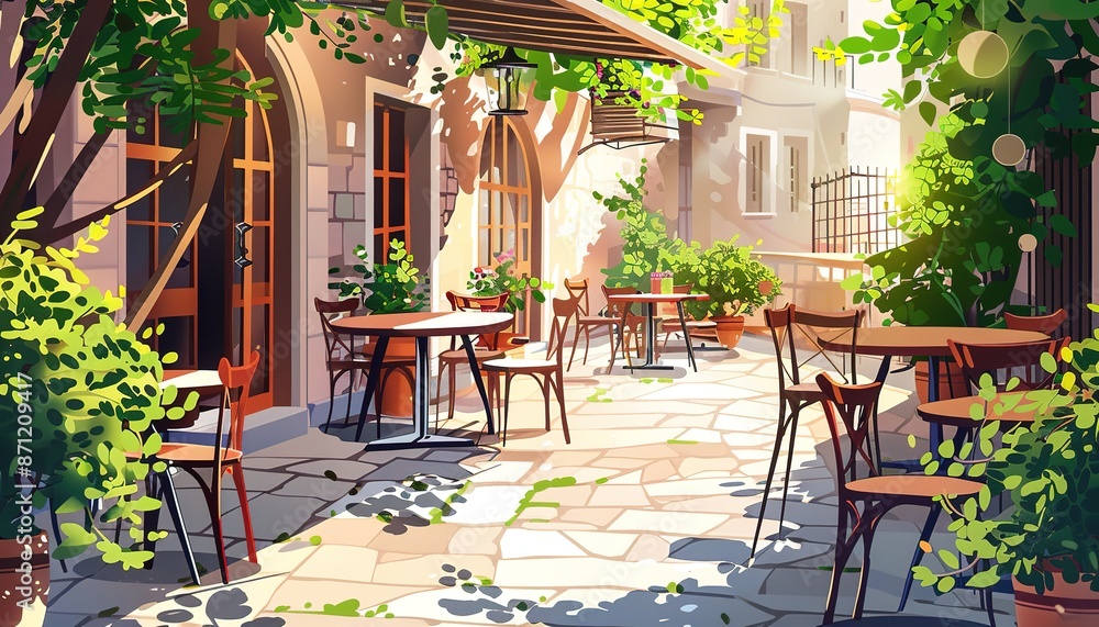 Obraz premium Outdoor Cafe Patio With Lush Greenery and Stone Pavement in the Afternoon Sunlight, cartoon