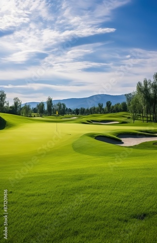 

A beautiful golf course with lush green grass under the bright sunshine, featuring distant mountains and clear blue skies. 