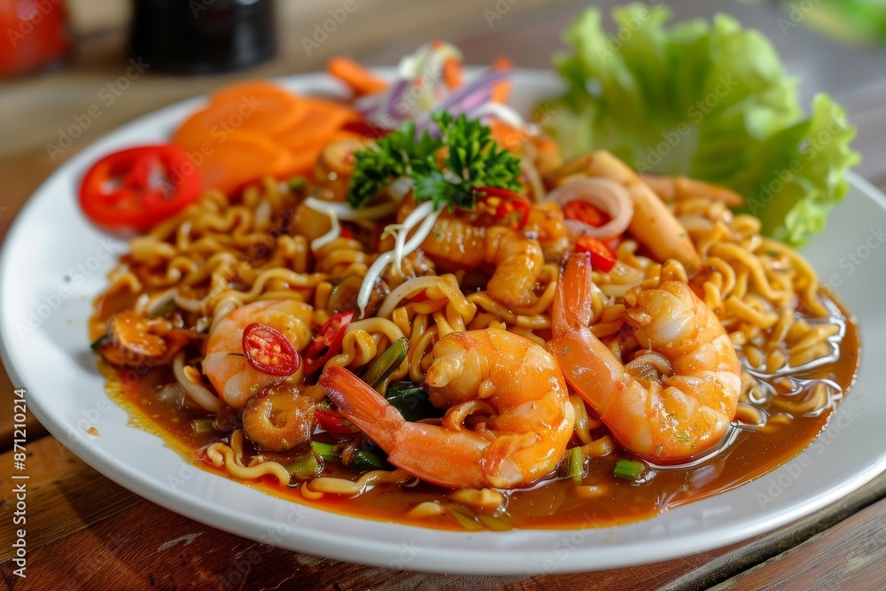 Rad Na Taley Shrimp and Squid in thick gravy atop fried noodles on plate Rad Na Taley Shrimp and Squid in thick gravy atop fried noodles on plate