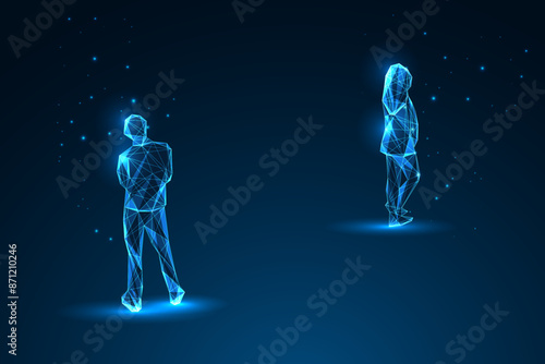 Couple conflict, separation, divorce futuristic concept with man and woman silhouette moving apart 