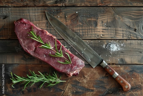 Raw alternative beef cut with rosemary on wood background top view photo