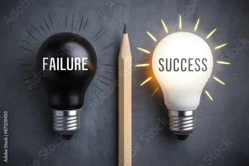 Two light bulbs labeled FAILURE and SUCCESS separated by wooden pencil