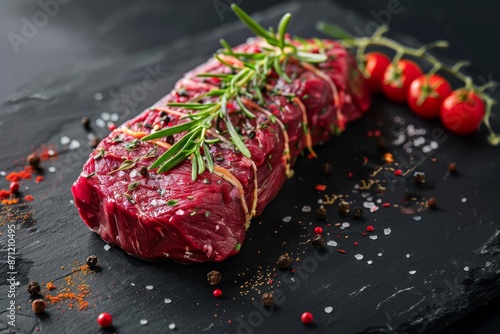 Raw beef tenderloin with spices on black