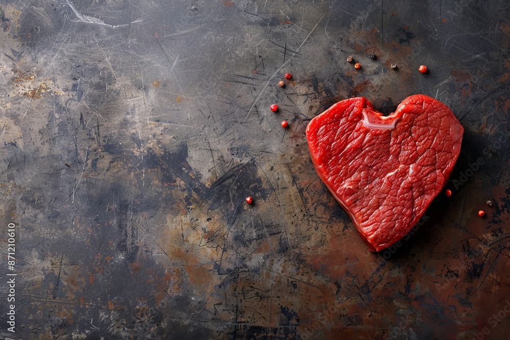 Raw fresh beef steak in heart shape on metal surface Raw fresh beef steak in heart shape on metal surface