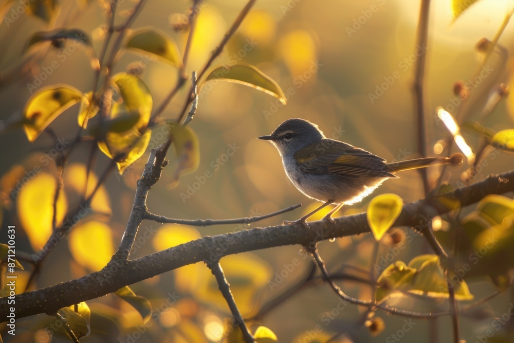 Obraz premium A small bird sits perched on a branch of a tree