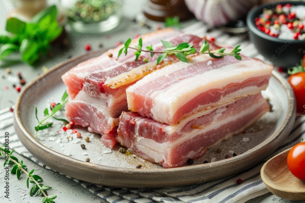 Raw pork belly served on a plate Raw pork belly served on a plate