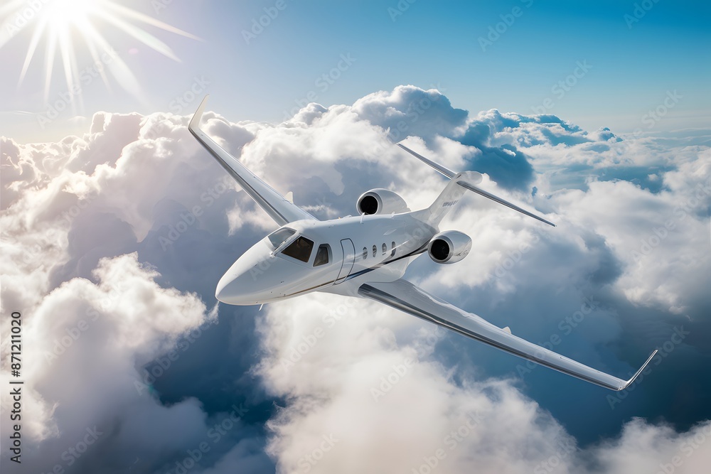 Fototapeta premium White private jet soaring above fluffy clouds, clear blue sky