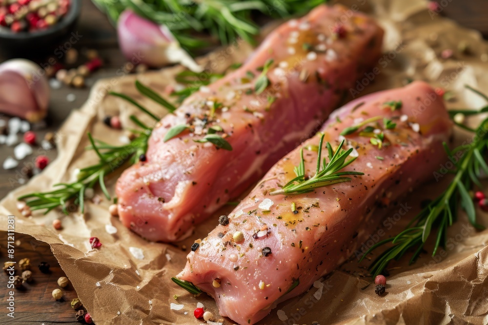 Raw pork tenderloin on craft paper ready for cooking Raw pork tenderloin on craft paper ready for cooking