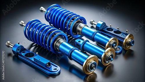 auto suspension tuning coilovers shock absorbers and springs blue for a sports drift car on a dark background photo