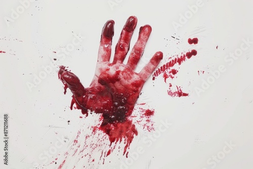 A single bloody hand with blood on a white surface photo