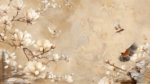 White Flowers and Birds on a Beige Background. Mural wallpaper. High quality AI generated image