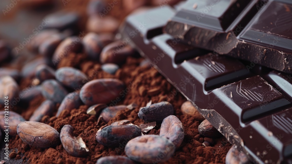 A pile of cocoa beans and a chocolate bar on a white background, great for food or business use A pile of cocoa beans and a chocolate bar on a white background, great for food or business use