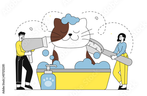 Cat with grooming. Man with hairdryer and woman with brush wash kitten in basin of soapy water. Hygiene of domestic animals and pets. Linear flat vector illustration