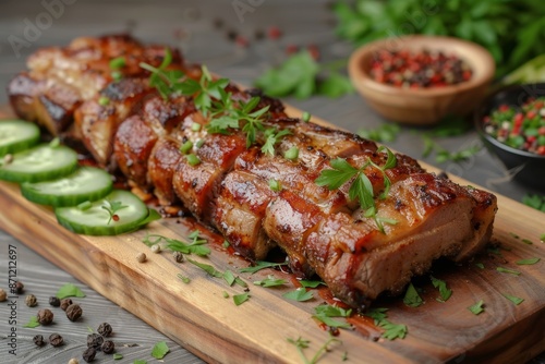 Roasted pork neatly displayed with cucumbers spices on wooden board Gray table
