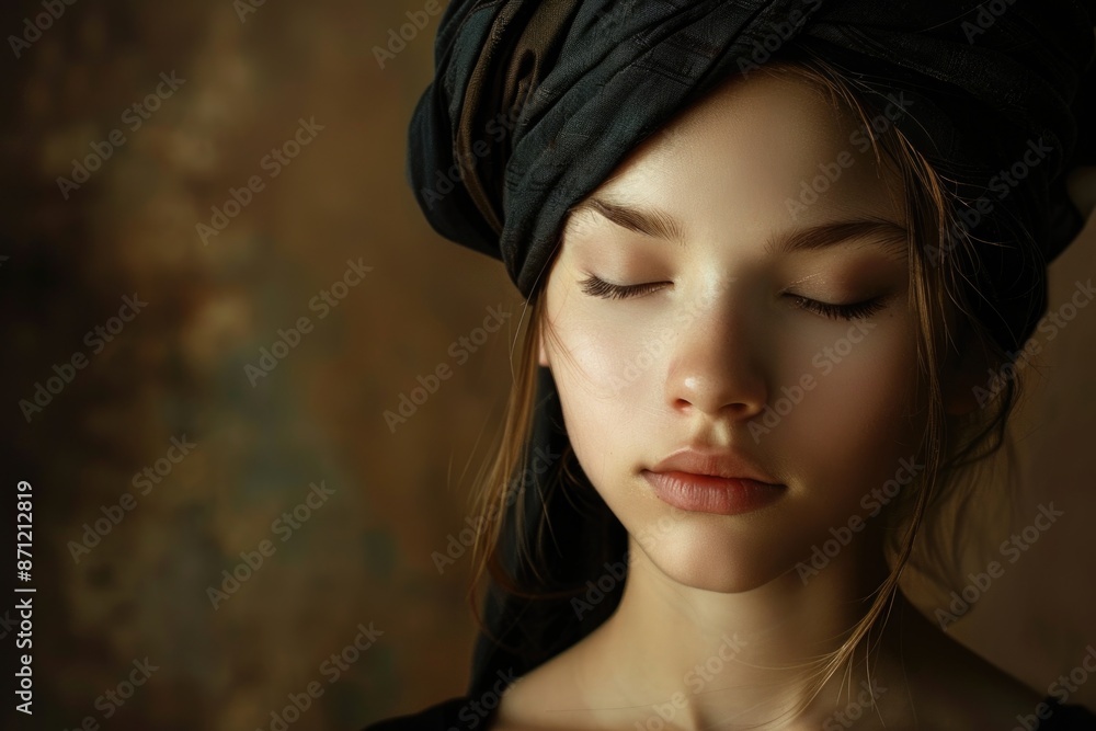 A portrait of a woman with a turban on her head, suitable for use in cultural or religious contexts A portrait of a woman with a turban on her head, suitable for use in cultural or religious contexts
