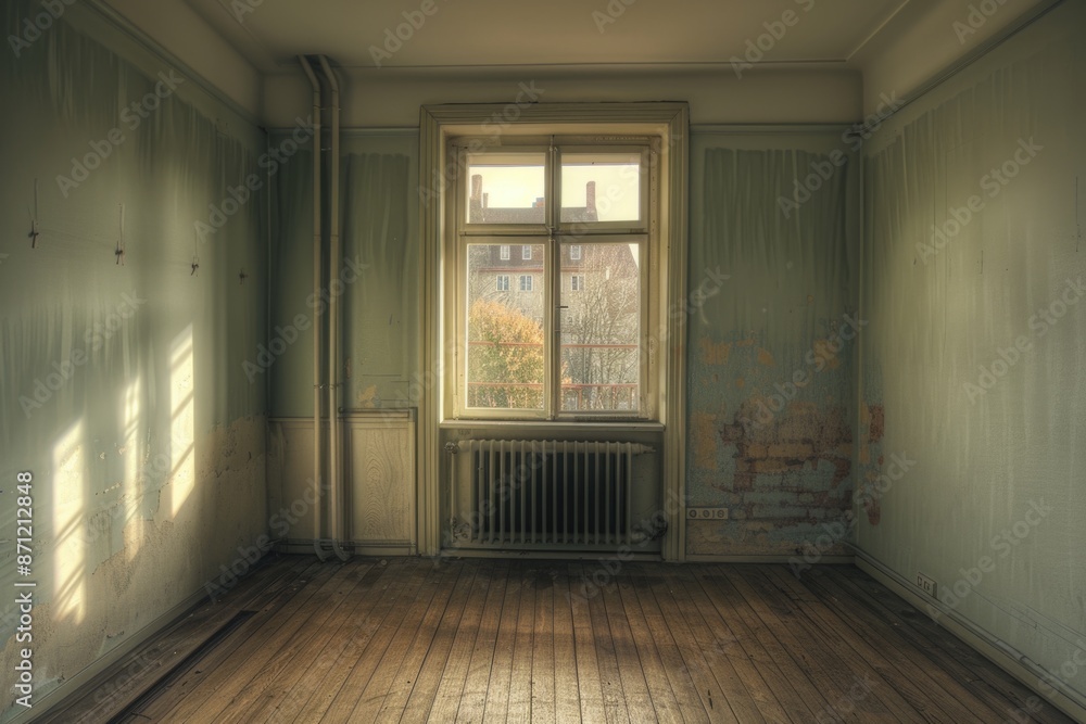 Fototapeta premium Cozy interior room with modern radiator and large window, suitable for architecture or design concepts