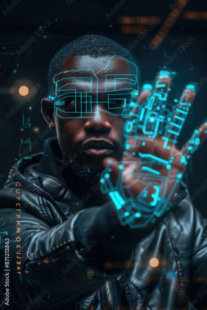 Man in leather jacket with blue digital hand extended toward viewer, in dark urban setting hinting at future Man in leather jacket with blue digital hand extended toward viewer, in dark urban setting hinting at future