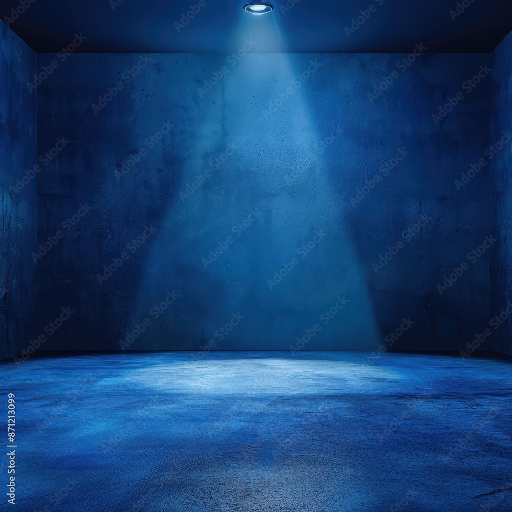 A minimalist empty room illuminated by a single spotlight, casting a dramatic blue light and creating a mysterious atmosphere. A minimalist empty room illuminated by a single spotlight, casting a dramatic blue light and creating a mysterious atmosphere.