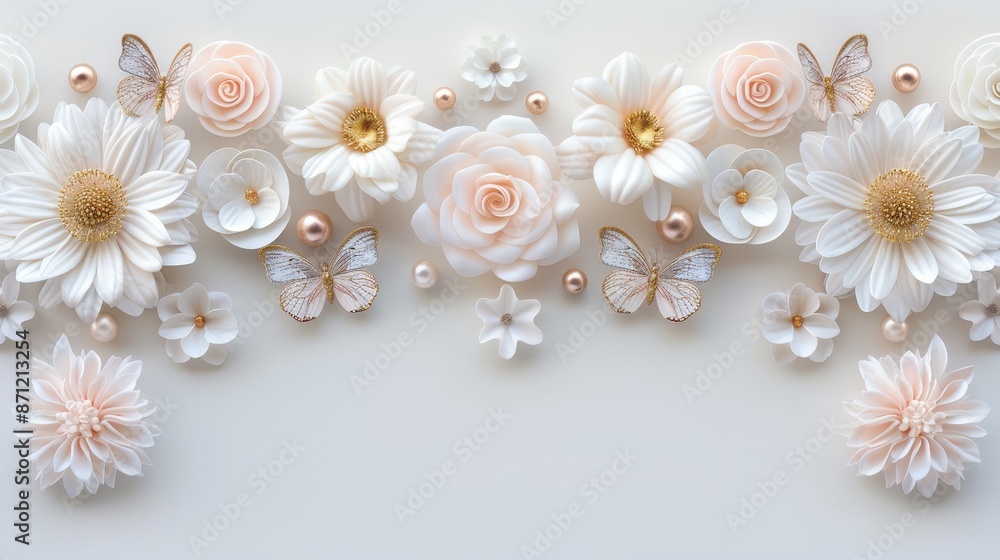 Obraz premium A delicate arrangement of white and peach flowers with butterflies, creating a sophisticated and serene composition.