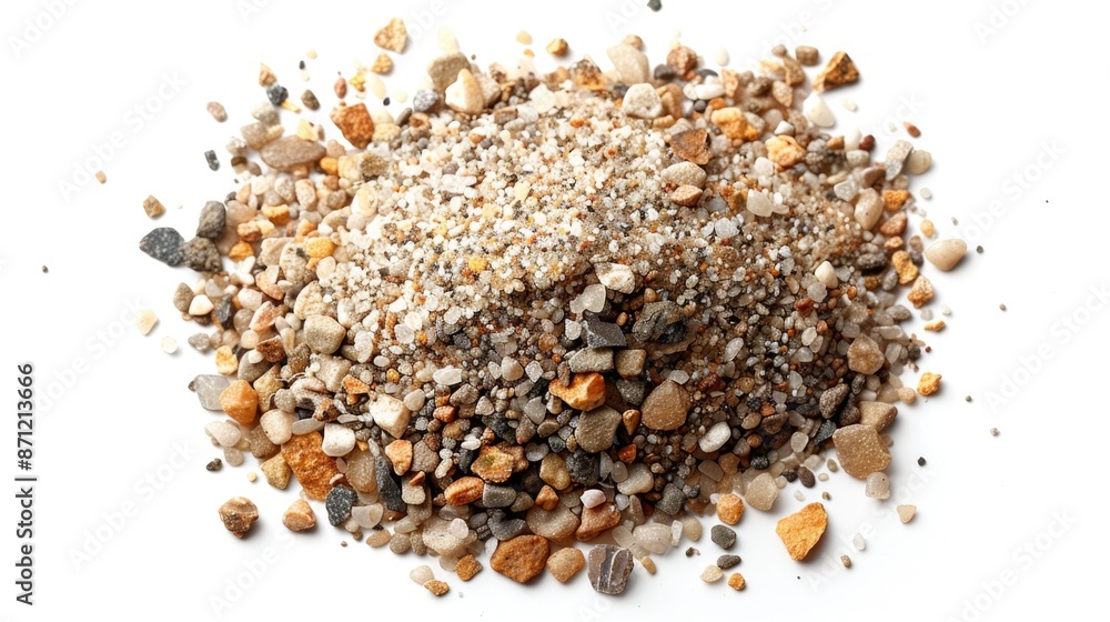 A heap of small stones and pebbles on a clean, white surface A heap of small stones and pebbles on a clean, white surface