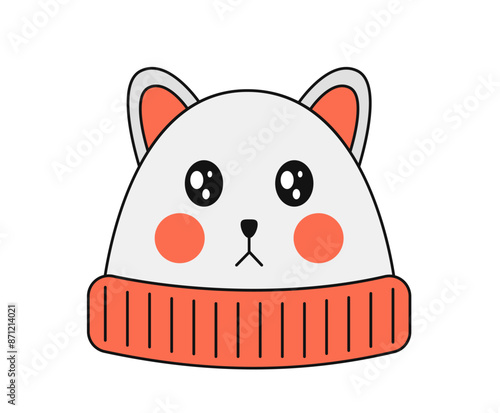 Cute winter hat concept. Woolen warm cap with kat print. Fashion, trend and style. Clothes for cold weather and winter season. Linear flat vector illustration