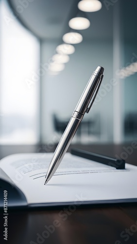 Silver pen on open white document, blurred modern office backdrop Vertical Mobile Wallpaper photo