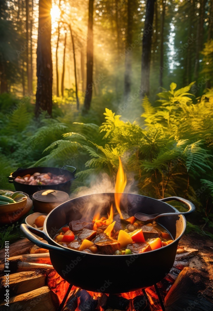 rustic cast iron pot hearty stew cooking outdoors, campfire, simmering, steam, vegetables, meat, traditional, savory, homemade, potluck, fire, dish rustic cast iron pot hearty stew cooking outdoors, campfire, simmering, steam, vegetables, meat, traditional, savory, homemade, potluck, fire, dish