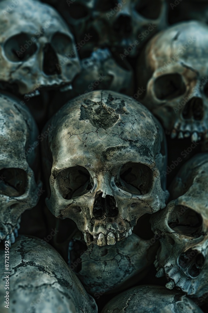 A pile of human skulls with a crown on top, often used in dark and mysterious themes A pile of human skulls with a crown on top, often used in dark and mysterious themes