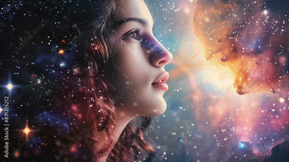 Profile of a Woman Blending into a Galaxy with Stars and Nebulae Profile of a Woman Blending into a Galaxy with Stars and Nebulae