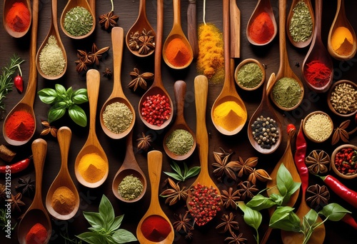 various herbs spices rustic wooden food ingredients cooking seasoning, bay, leaf, cardamom, chili, cinnamon, clove, coriander, cumin, curry, dill, fennel photo