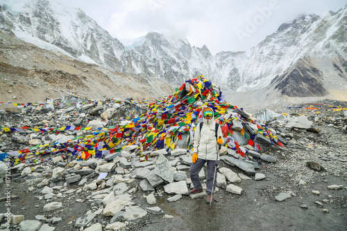 Hiker at Everest Base Camp With Prayer Flags