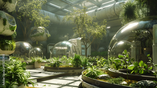 A futuristic, sustainable space station with transparent domes and plants growing inside. 
