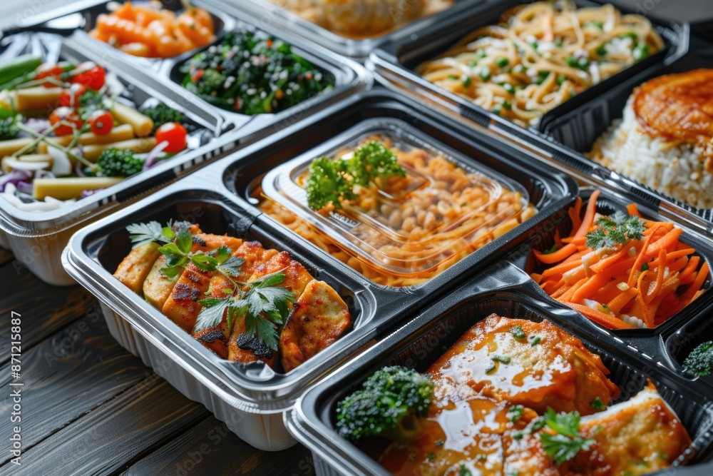 Assorted food containers on a table, suitable for editorial or commercial use Assorted food containers on a table, suitable for editorial or commercial use