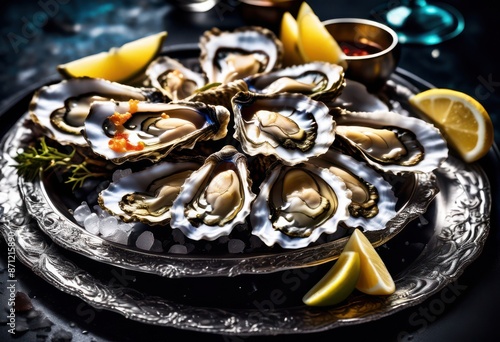Wallpaper Mural shiny oysters displayed elegant silver platter, arrangement, presentation, serving, tableware, upscale, classy, stylish, ornate, polished, gleaming Torontodigital.ca