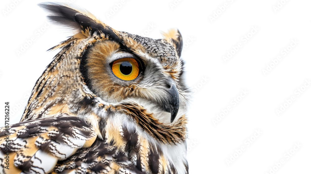 Obraz premium A close-up photograph of an owls face against a white background. The owl has large, bright yellow eyes and is looking off to the side