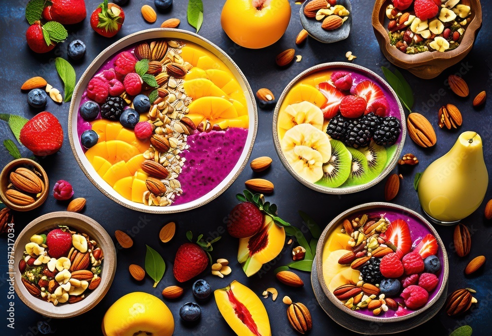 colorful smoothie bowls topped fresh fruits nuts healthy breakfast, vibrant, delicious, spoon, nutritious, blend, yogurt, granola, tasty, food, snack, natural, colorful smoothie bowls topped fresh fruits nuts healthy breakfast, vibrant, delicious, spoon, nutritious, blend, yogurt, granola, tasty, food, snack, natural,
