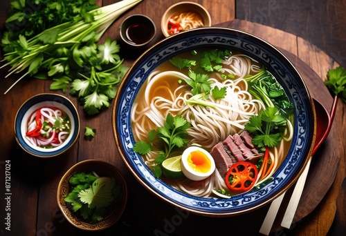 delicious bowl pho garnished fresh herbs table setting, food, cuisine, vietnamese, soup, noodles, culinary, meal, lunch, dinner, appetizing, tasty, aromatic,