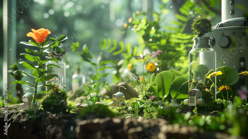 3D rendering of plants and flowers growing in glass bottles on the forest floor, with moss, grasses, small mushrooms, and tiny houses made of wood or stone. photo