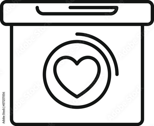 Simple line art design of a donation box featuring a heart, symbolizing giving and generosity