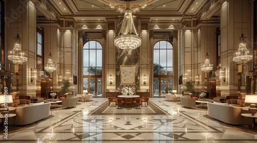A 3D render of a luxury hotel reception lobby features opulent marble accents, plush seating, and elegant decor, all illuminated by soft lighting and grand chandeliers.