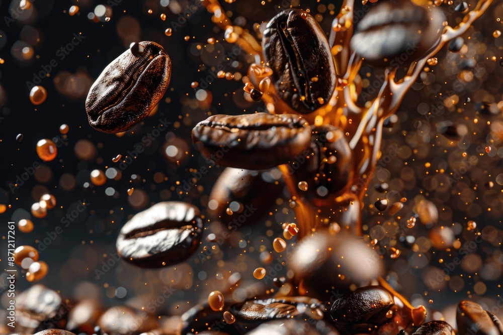 A bunch of coffee beans fall through the air in a scattered motion A bunch of coffee beans fall through the air in a scattered motion