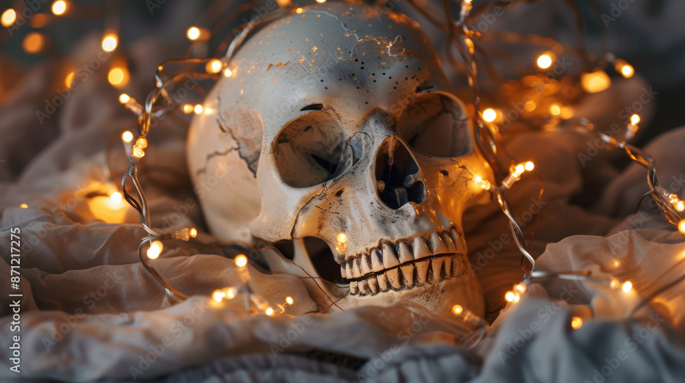 Skull with Fairy Lights. Eerie Halloween Decoration. Skull with Fairy Lights. Eerie Halloween Decoration.
