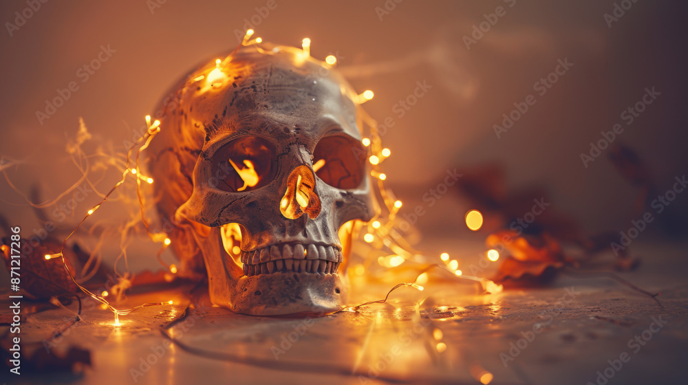 Skull with Fairy Lights. Eerie Halloween Decoration. Skull with Fairy Lights. Eerie Halloween Decoration.